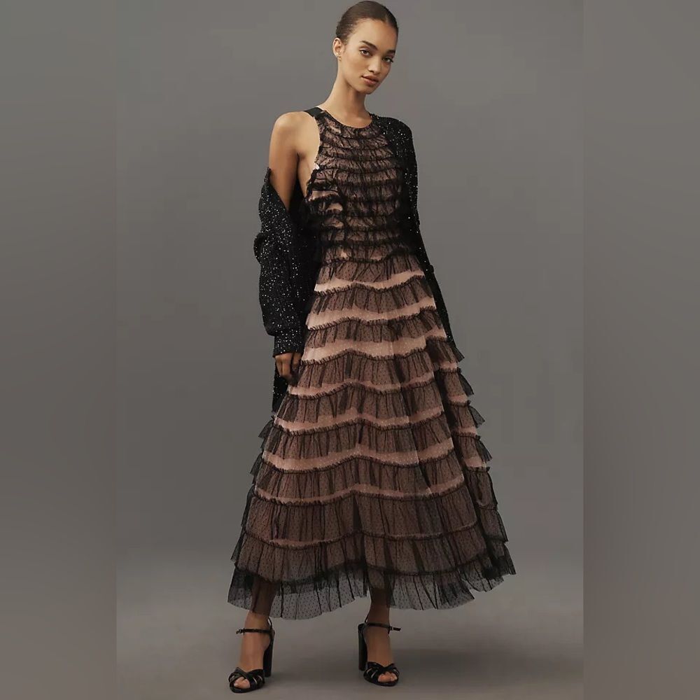 Anthropologie Sleeveless Halter
Ruffled Tulle Midi Dress
